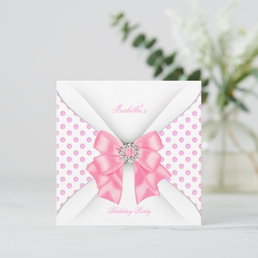 Invitation Joli rose fête d'anniversaire Pois blancs (Debout devant)