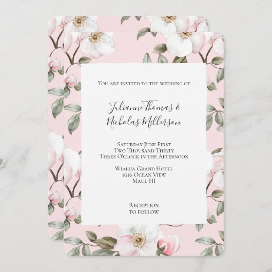 Invitation Joli rose Fleurs blanches Mariage (Devant / Derrière)