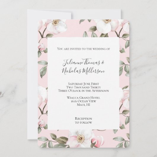 Invitation Joli rose Fleurs blanches Mariage (Devant)