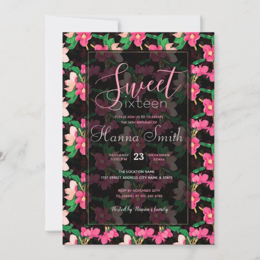 Invitation Joli rose Fleurs de Fleur Peint Noir Design (Devant)