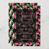 Invitation Joli rose Fleurs de Fleur Peint Noir Design (Devant / Derrière)