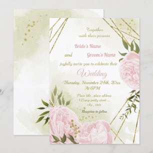 Invitation joli rose fleurs verdure mariage géométrique