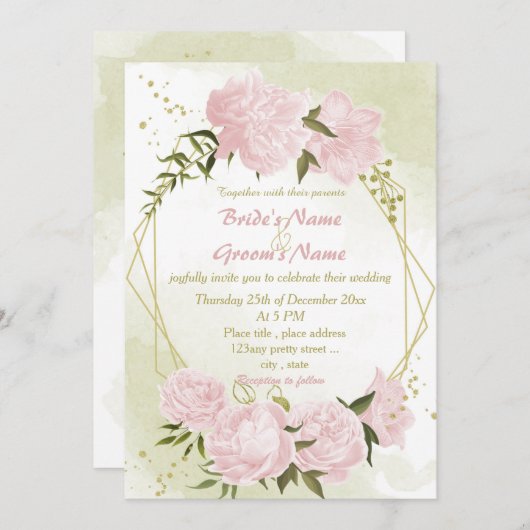 Invitation joli rose fleurs verdure mariage géométrique (Devant / Derrière)
