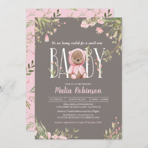 Invitation Joli rose Floral Boho Teddy Bear Baby shower