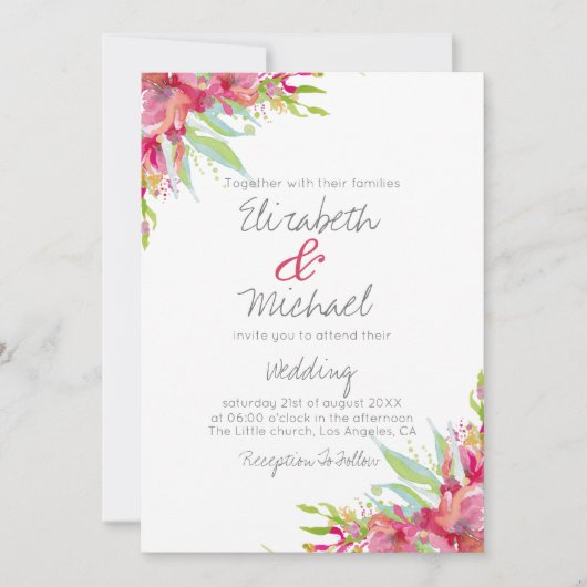 Invitation Joli rose Magenta Aquarelle Mariage Floral (Devant)