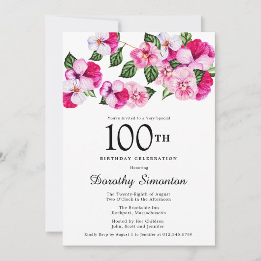 Invitation Joli rose Magenta Blanc Floral 100e anniversaire (Devant)