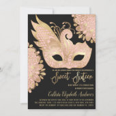 Invitation Joli rose or noir Mascarade Masque Sweet 16 (Devant)