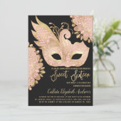 Invitation Joli rose or noir Mascarade Masque Sweet 16 (Debout devant)