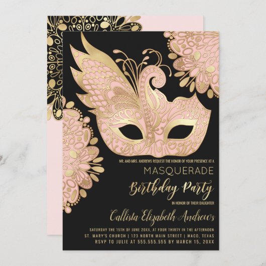 Invitation Joli rose or noir Masquerade Masque Anniversaire (Devant / Derrière)