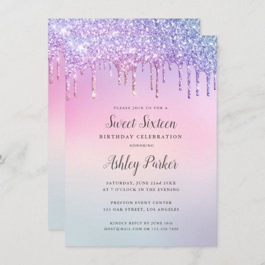 Invitation Joli rose Parties scintillant Gradient Sweet 16 An (Devant / Derrière)
