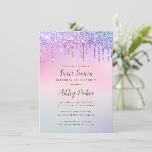 Invitation Joli rose Parties scintillant Gradient Sweet 16 An (Debout devant)