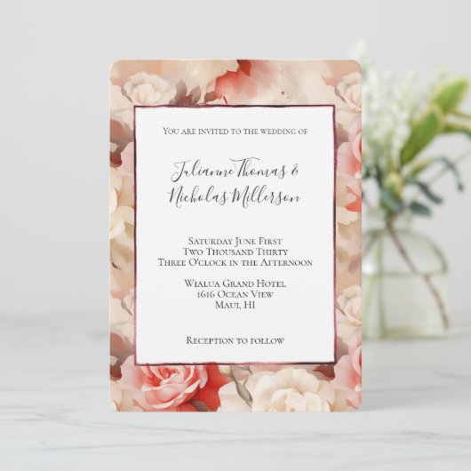 Invitation Joli rose Rose de crème florale Mariage (Debout devant)