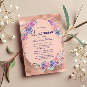 Invitation Joli rose rose rose rose rose or Quinceañera Flora