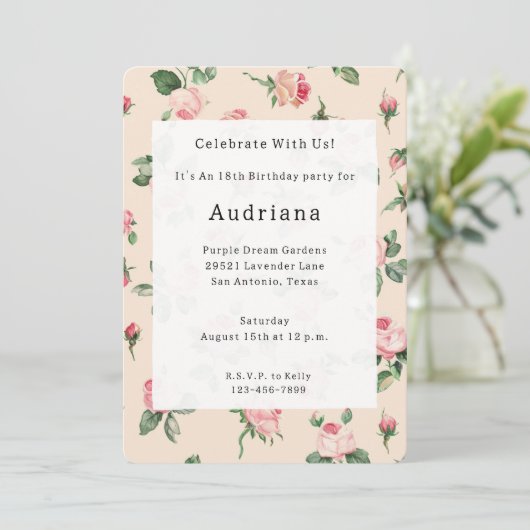 Invitation Joli rose Roses Floral Anniversaire (Debout devant)