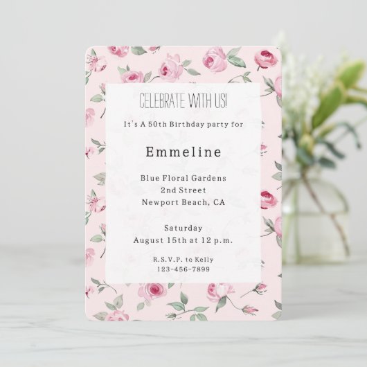 Invitation Joli rose Roses Floral Anniversaire (Debout devant)