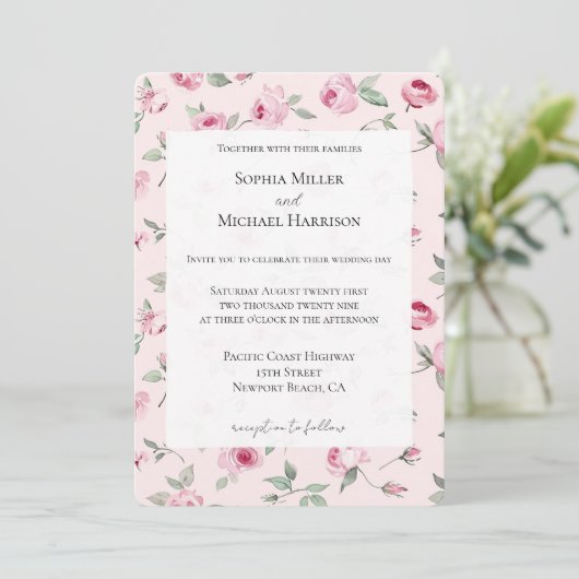 Invitation Joli rose Roses Mariage Floral (Debout devant)