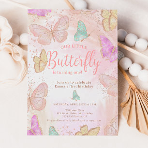 Invitation Joli rose un petit papillon chic 1er anniversaire