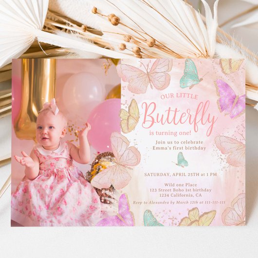 Invitation Joli rose un petit papillon chic 1er anniversaire
