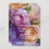 Invitation Joli rose violet or fleuri Anniversaire (Devant / Derrière)