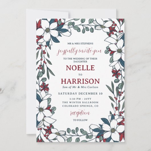 Invitation Joli Rouge Blanc Floral Mariage de Noël (Devant)