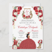 Invitation Joli Rouge Floral Ouest Charro Quinceañera (Devant)