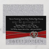 Invitation Joli rouge noir et argent doux 16 (Devant / Derrière)