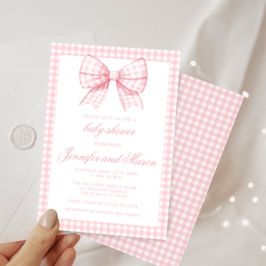 Invitation Joli ruban arc rose en vichy douche bébé fille