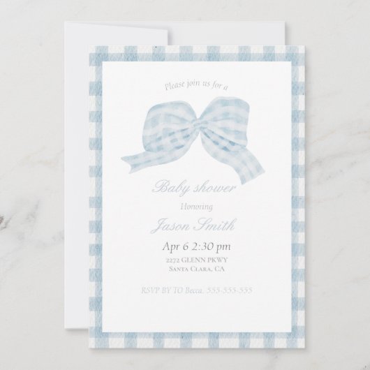 Invitation Joli ruban bleu baby shower (Devant)