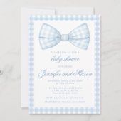Invitation Joli ruban bleu en vichy bébé garçon douche (Devant)