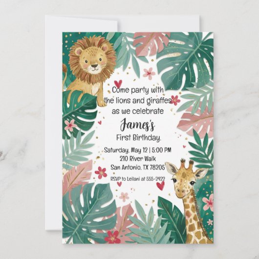 Invitation Joli safari de jungle rose pour le premier anniver (Devant)