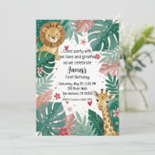 Invitation Joli safari de jungle rose pour le premier anniver (Debout devant)