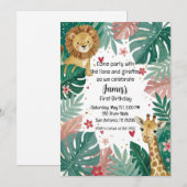 Invitation Joli safari de jungle rose pour le premier anniver (Devant / Derrière)