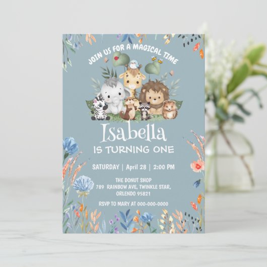 Invitation joli safari zoo animal jungle Floral Anniversaire (Debout devant)