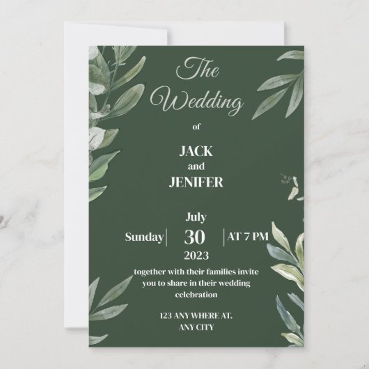 Invitation Joli Sage Vert moderne avec Mariage simple blanc (Devant)
