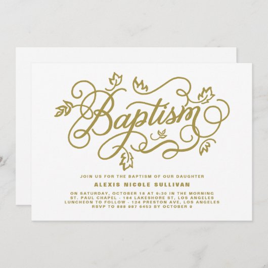 Invitation Joli script de calligraphie | Baptême d'or (Devant / Derrière)