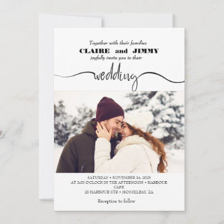 Invitation Joli Script Élégant Photo Superposition Mariage Bl