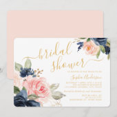 Invitation Joli Script Fard à Joues Navy Or Floral Mariage (Devant / Derrière)