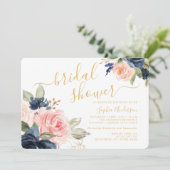 Invitation Joli Script Fard à Joues Navy Or Floral Mariage (Debout devant)