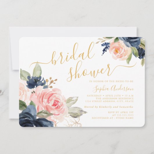 Invitation Joli Script Fard à Joues Navy Or Floral Mariage (Devant)