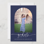 Invitation Joli Script Graduation Arc Photo Marine Bleu (Devant)