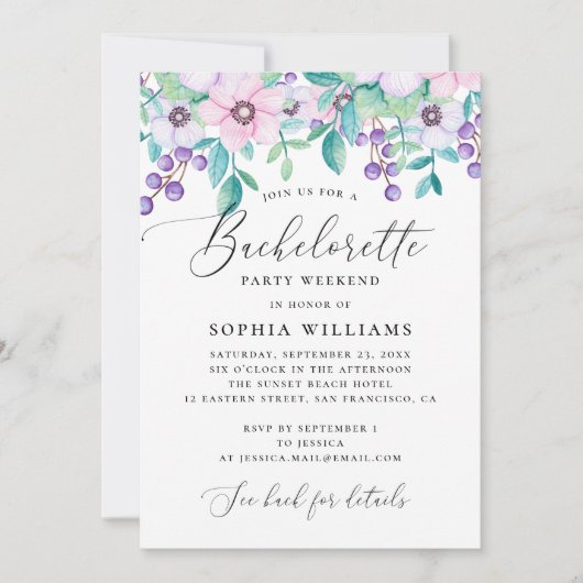 Invitation Joli script rose violet floral Bachelorette (Devant)