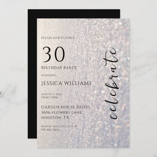 Invitation Joli Silver Snow & Bokeh 30e fête d'anniversaire (Devant / Derrière)