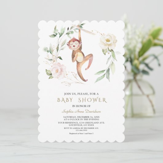 Invitation Joli singe Floral Verdure Baby shower Or (Debout devant)