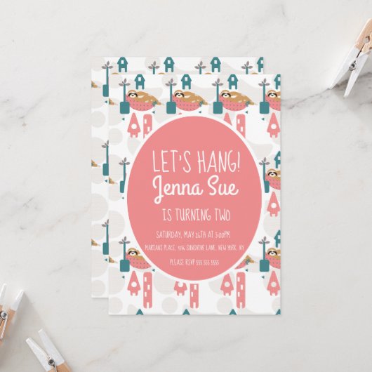 Invitation Joli Sloth Relaxant Anniversaire Fête Rose (Devant/Arrière en situation)