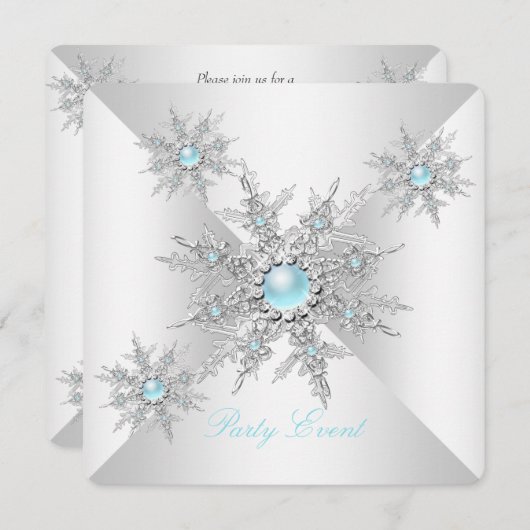Invitation Joli Snowflakes Turquoise Winter Wonderland Party (Devant / Derrière)