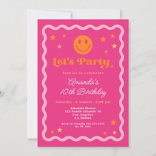 Invitation Joli Sourire Rose Et Orange Fille Anniversaire (Devant)