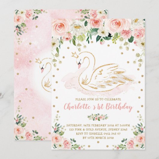 Invitation Joli Swan / Blush Pink Gold Floral Girl Anniversai (Devant / Derrière)