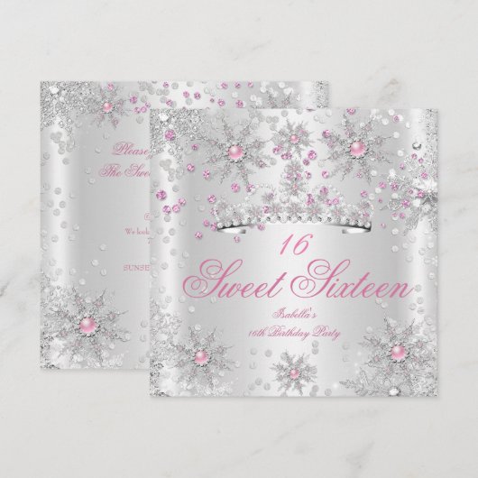 Invitation Joli Sweet 16 Rose White Winter Wonderland (Devant / Derrière)