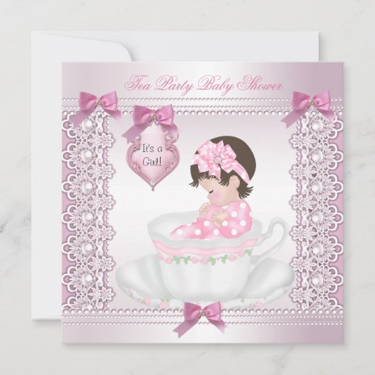 Invitation Joli Tea Party Baby shower mignonne fille rose (Devant)