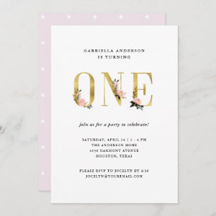 Invitation Joli texte floral or  Premier anniversaire